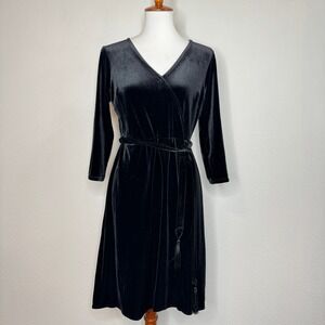 J. JILL Faux Wrap Velour Velvet Dress SM PET Black Belted Whimsigoth Witchy